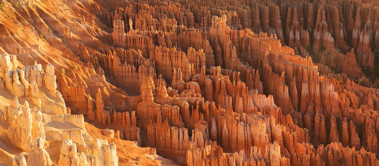 Bryce Canyon Hoodoos Thousands of orange and red hoodoos and spires densely packed across the canyon amphitheater, formed by millions of years of erosion, creating one of the most unique and dramatic terrain formations on Earth.