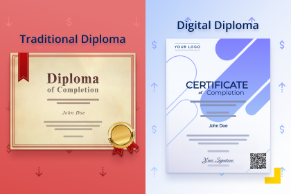 Comparacao entre diploma tradicional fisico e diploma digital moderno representando a transformacao educacional