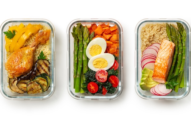 Healthy meal prep containers with balanced meals