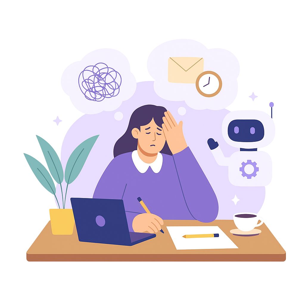 Illustration of a tired student at a desk with an AI robot helper nearby
