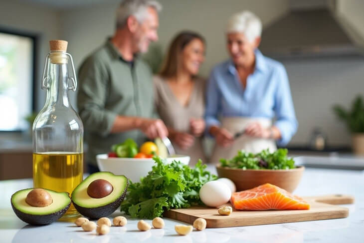 Fresh keto-friendly ingredients on a kitchen counter including avocado, salmon, olive oil, eggs, and leafy greens