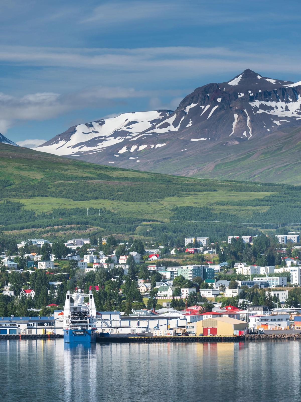 Akureyri harbor with mountains