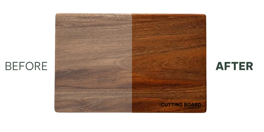 How to season a wooden cutting board before and after comparison showing the transformation from dry cracked wood to rich sealed surface