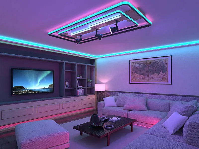 Modern living room with layered LED lighting including ceiling fixture and ambient strips