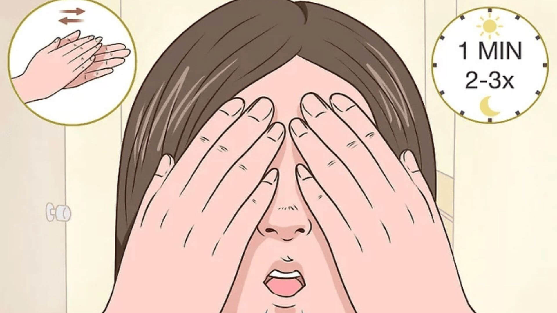 Palming eye exercise technique - rubbing hands together and cupping over eyes for relaxation