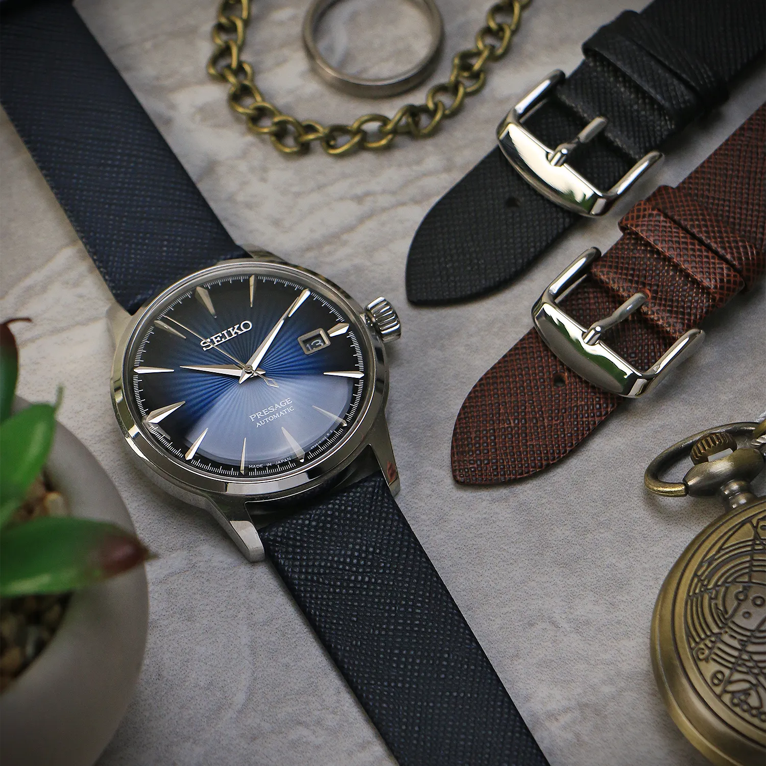 Classic Brown Leather Watch Band White Stitch
