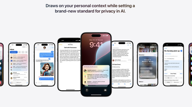 Apple Intelligence on-device AI features across multiple iPhone screens