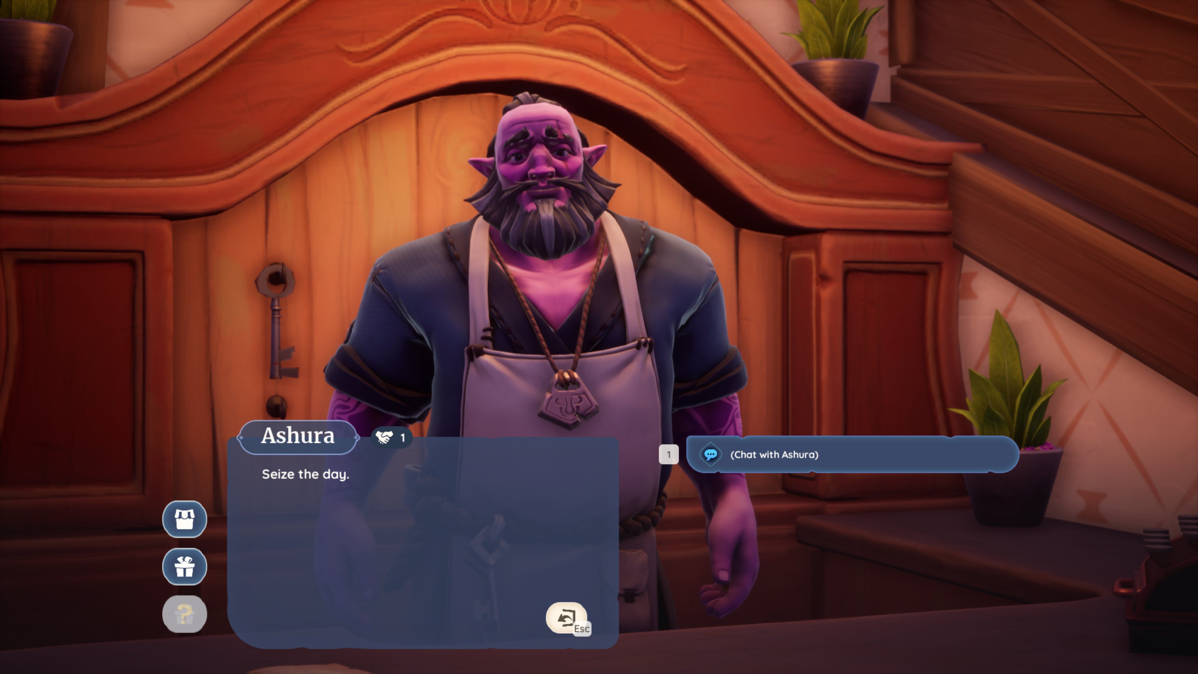 Palia villager interaction showing friendship dialogue with Ashura