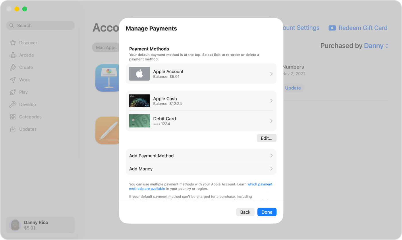 Mac电脑管理Apple账户付款方式界面