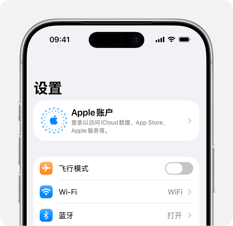 iPhone设置页面展示Apple账户登录入口及iCloud服务选项截图