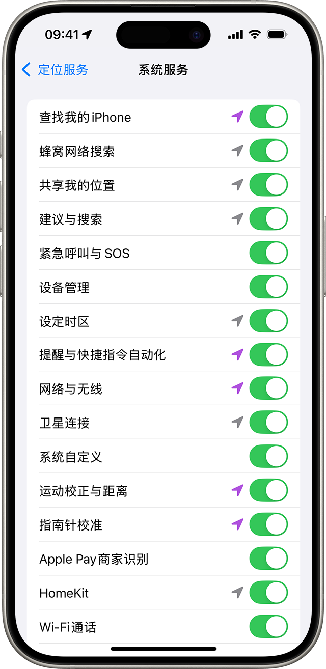 iPhone中文定位服务隐私设置界面展示系统服务选项