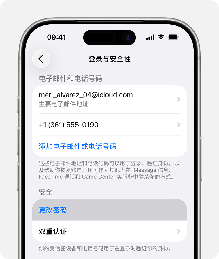 iPhone登录与安全性页面展示双重认证设置截图