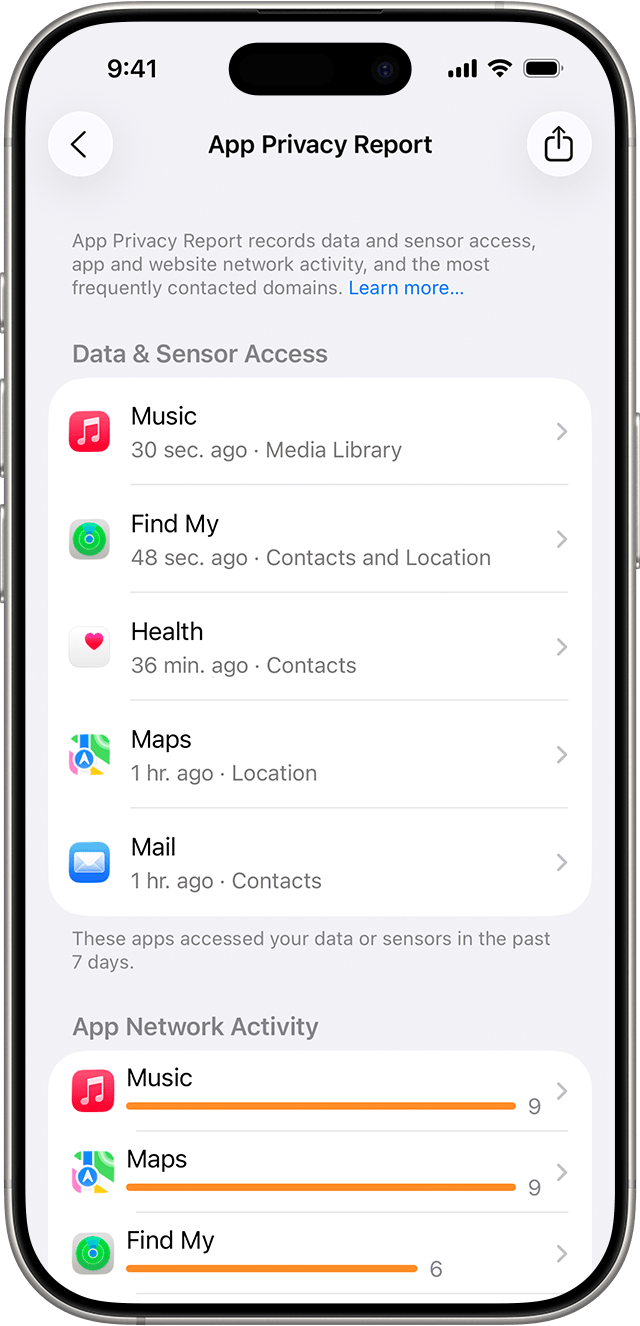 iPhone App隐私报告界面显示数据访问记录