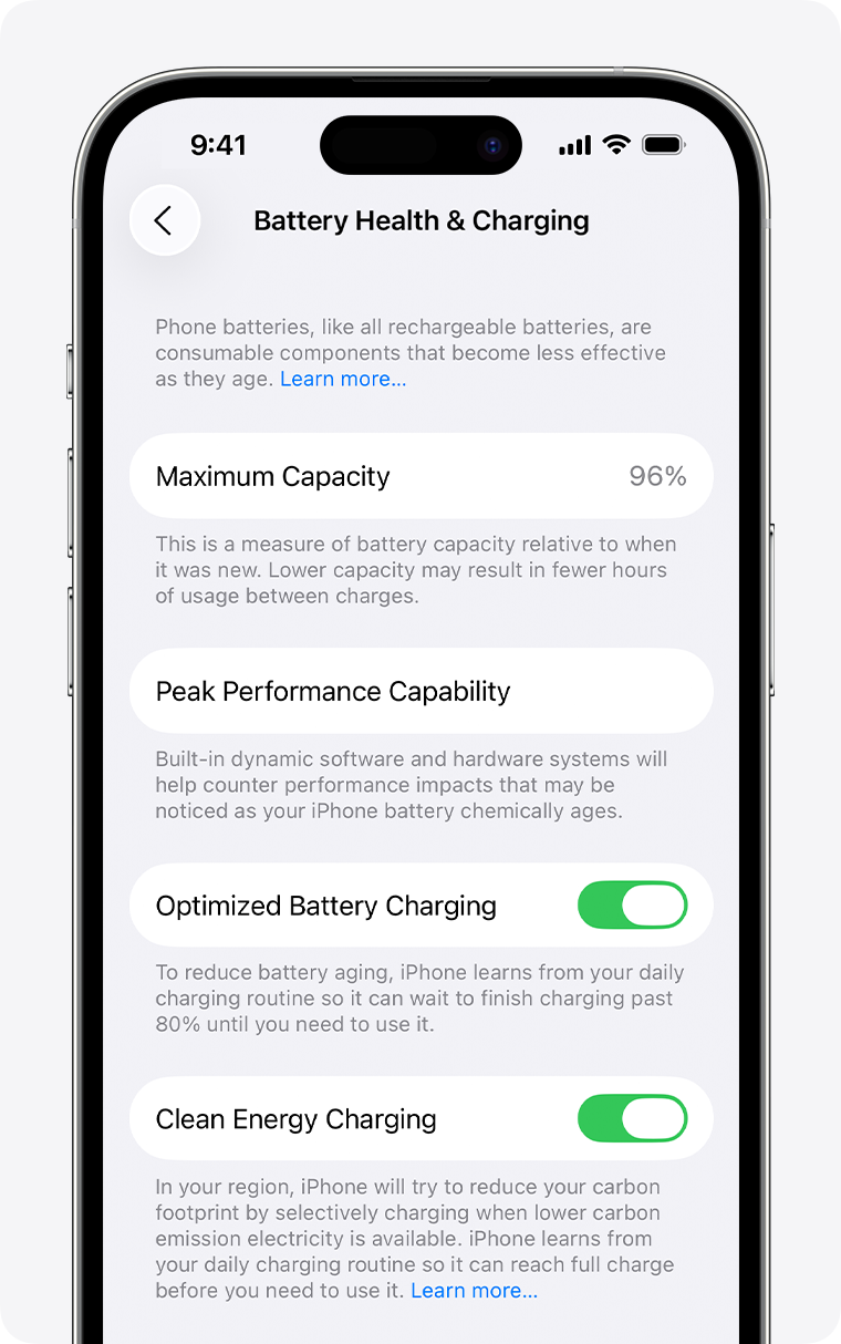 iPhone Battery Health and Charging settings showing Optimized Battery Charging toggle