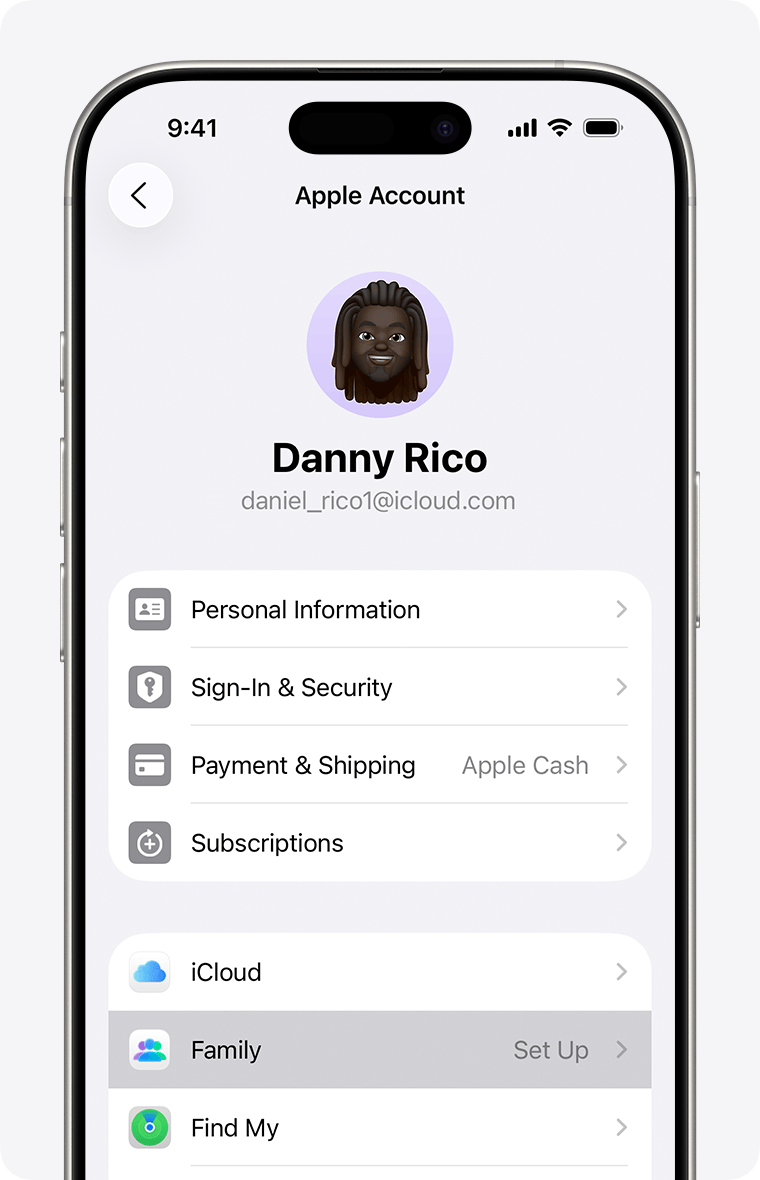 iPhone Apple Account 页面显示家庭共享设置入口