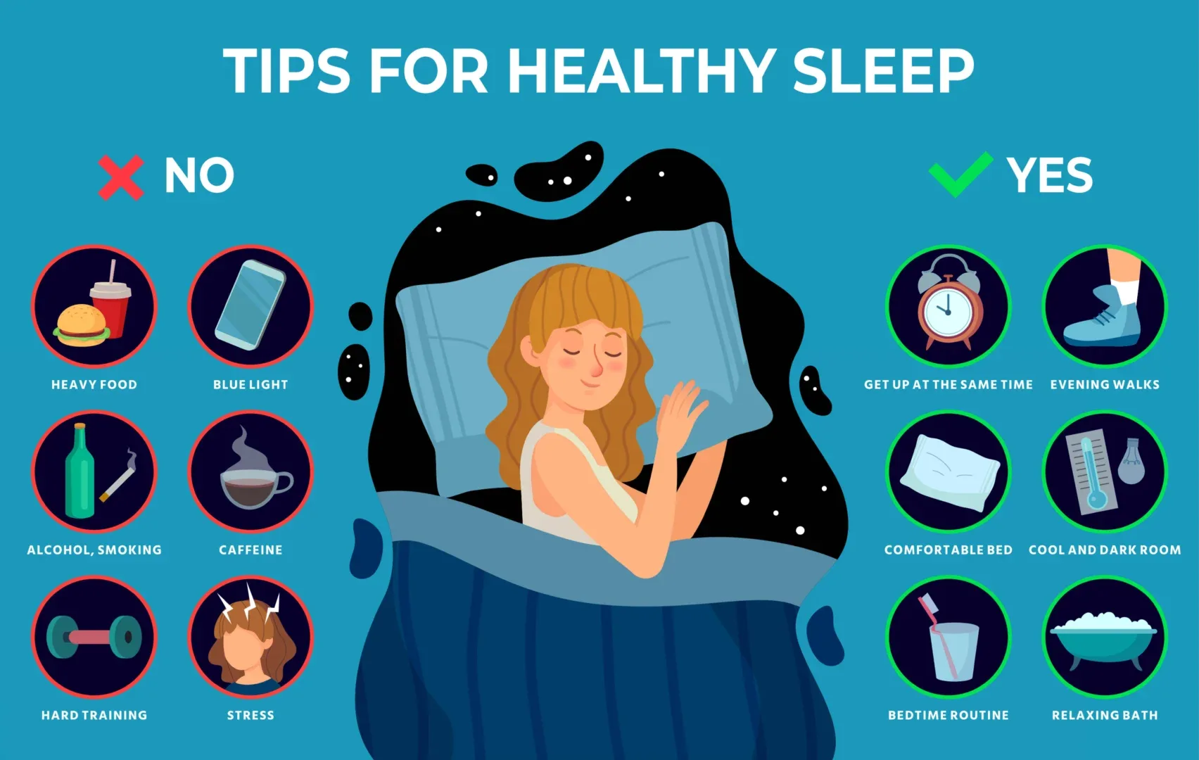 Healthy sleep hygiene tips and practices infographic