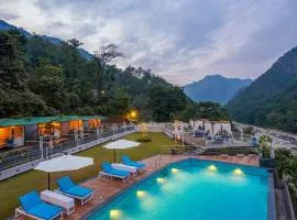 Shivpuri resort yoga deck with mountain views