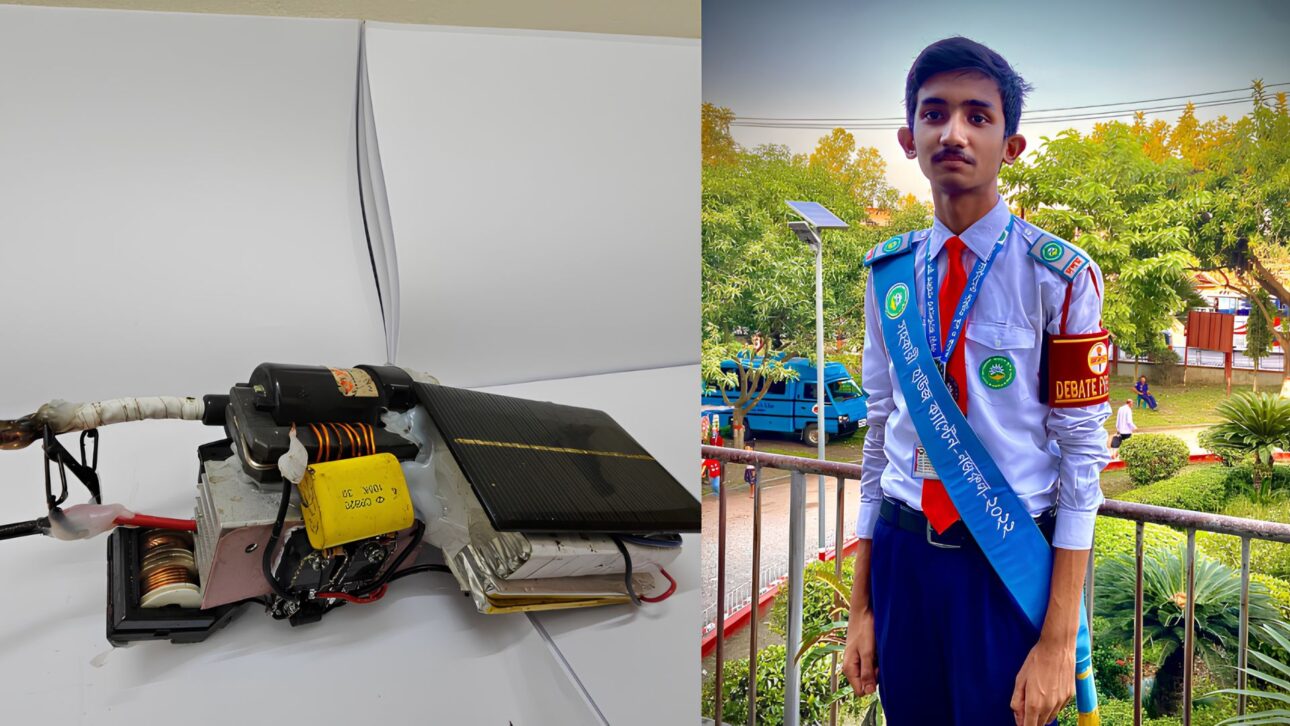 Montagem mostrando o protótipo do purificador de água feito com lixo eletrônico ao lado do estudante Zabeer Zarif Akhter