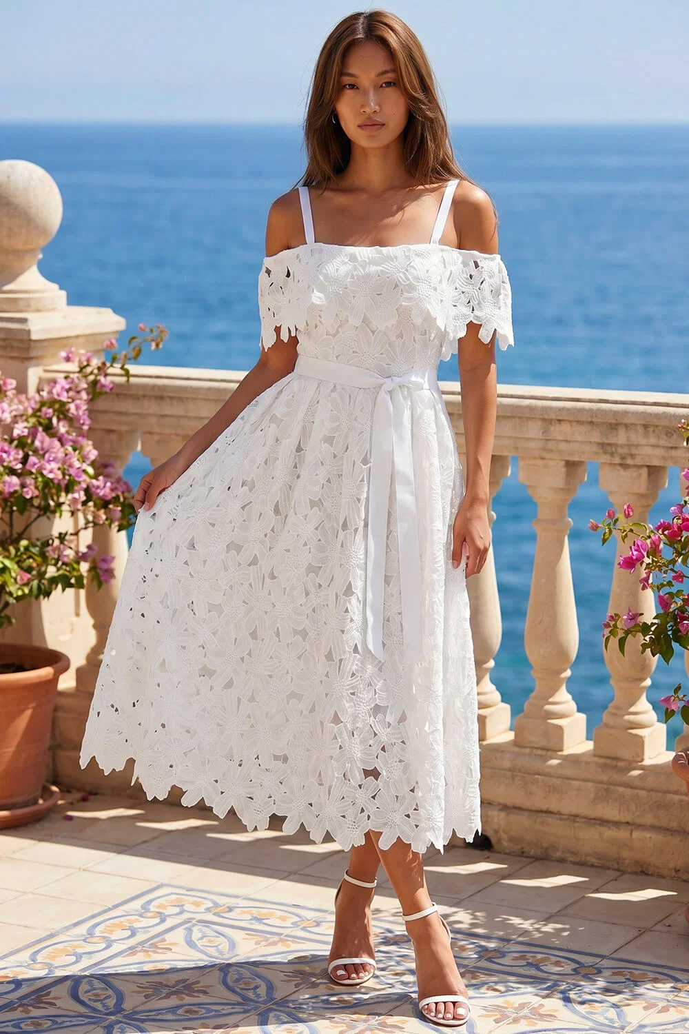 Ivory Crochet Lace Bardot Midi Dress