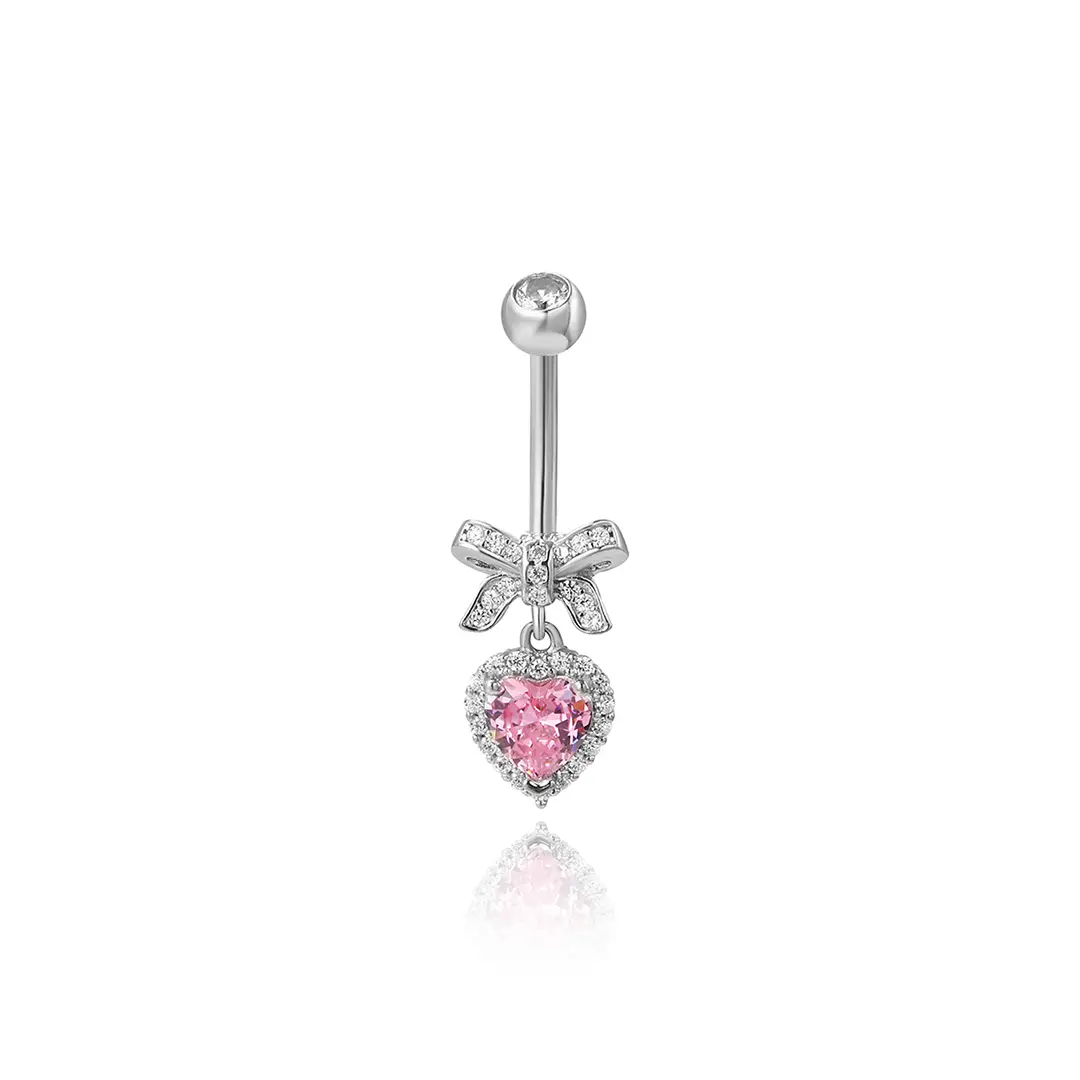 Pink Heart Bow Dangle Belly Ring