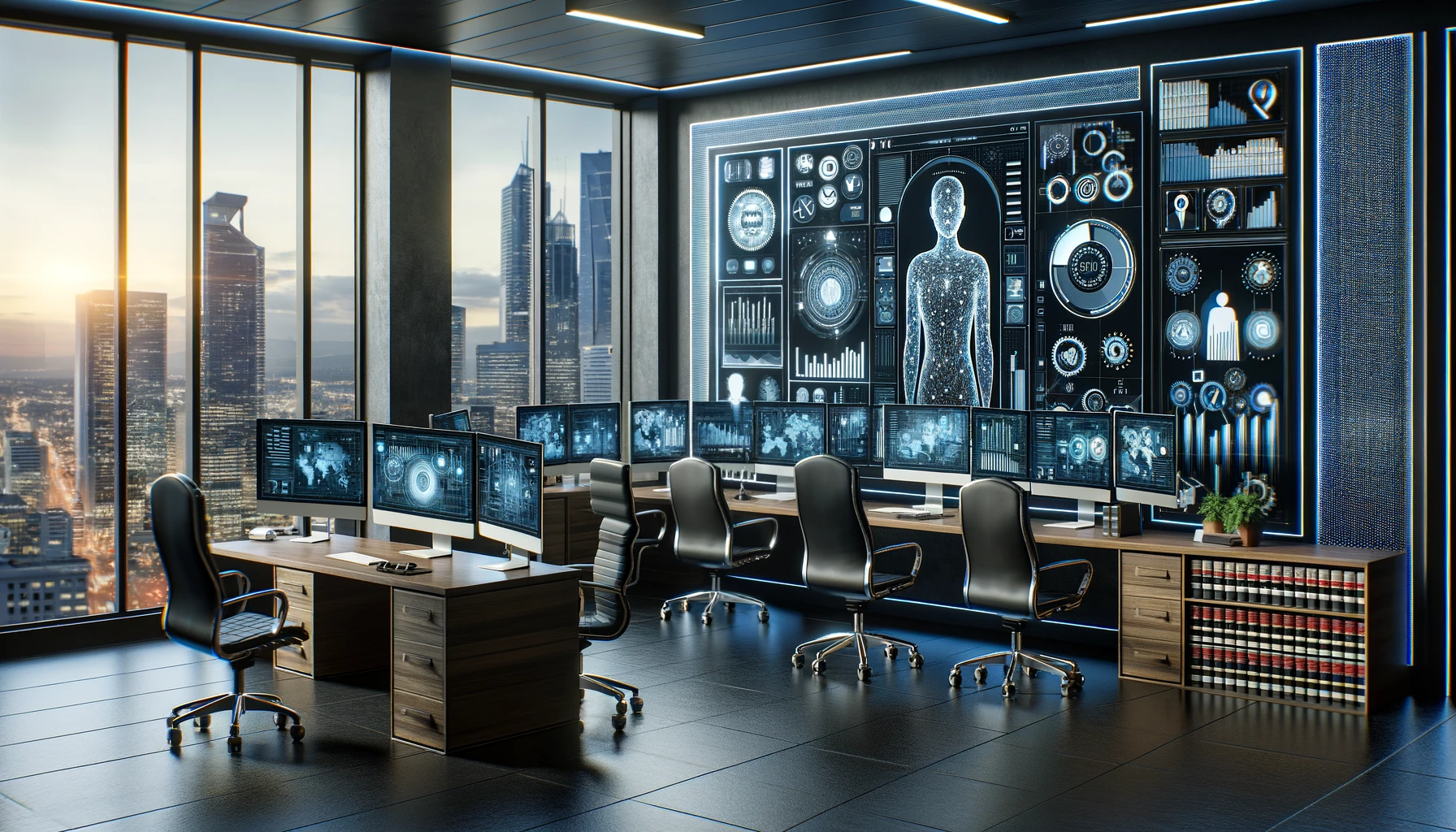 Modern office with computer screens displaying legal technology software