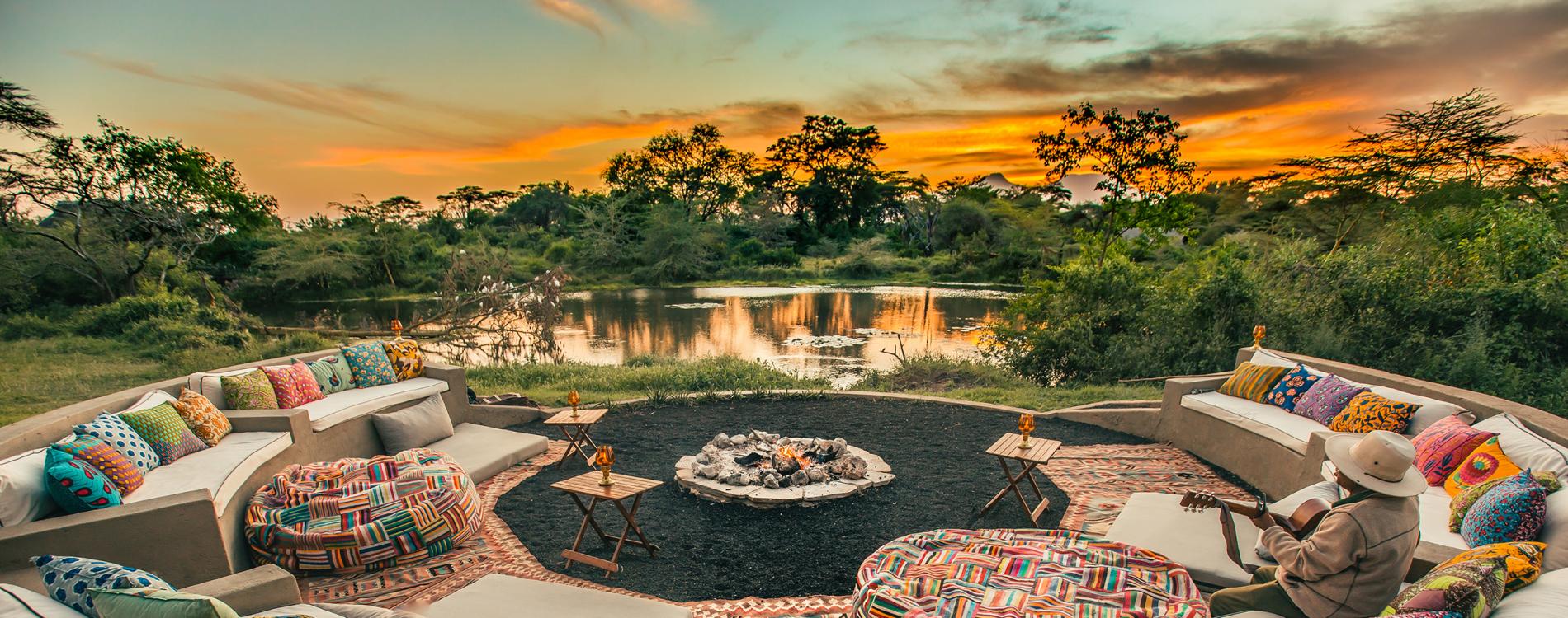 Finch Hattons luxury safari camp boma firepit Tsavo Kenya