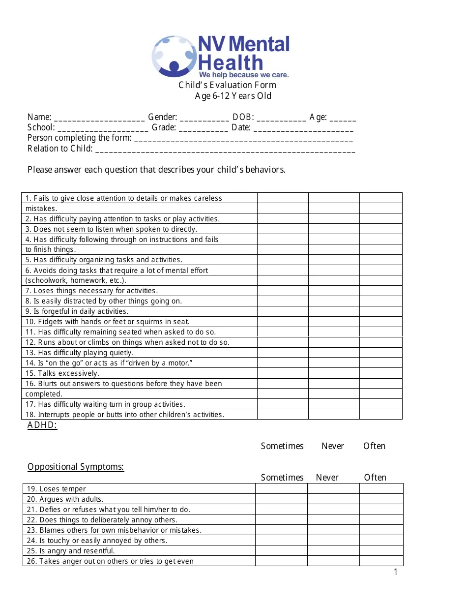 Child's Evaluation Form (Age 6-12 Years Old) - Nv Mental Health - Fill Out, Sign Online and Download PDF | Templateroller