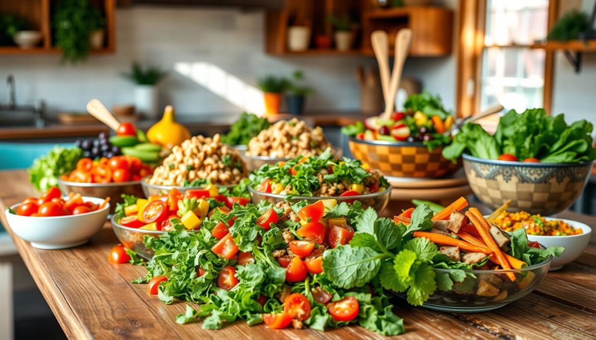Colorful healthy recipes with fresh vegetables in rustic kitchen