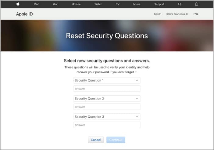 Apple ID 官网显示重置密保问题页面