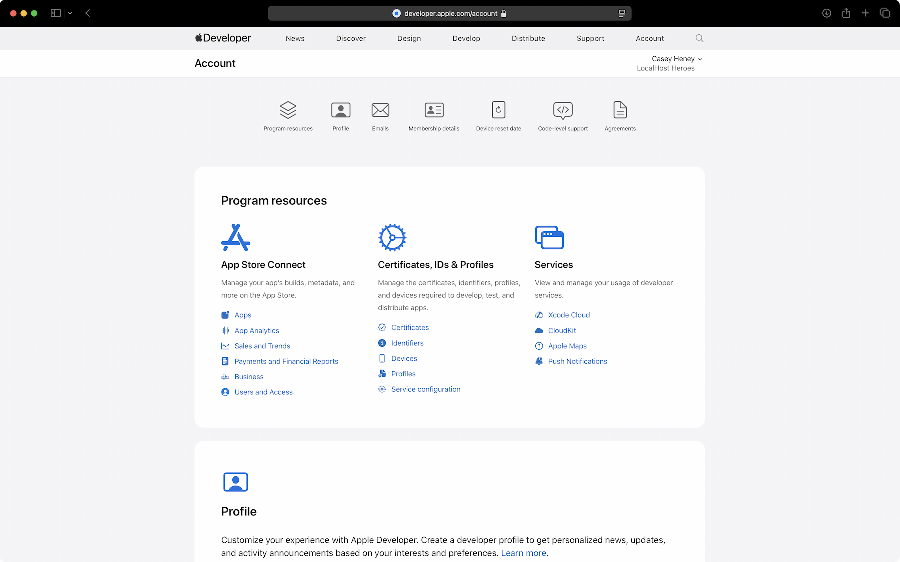 Apple Developer 账户后台显示 App Store Connect 入口