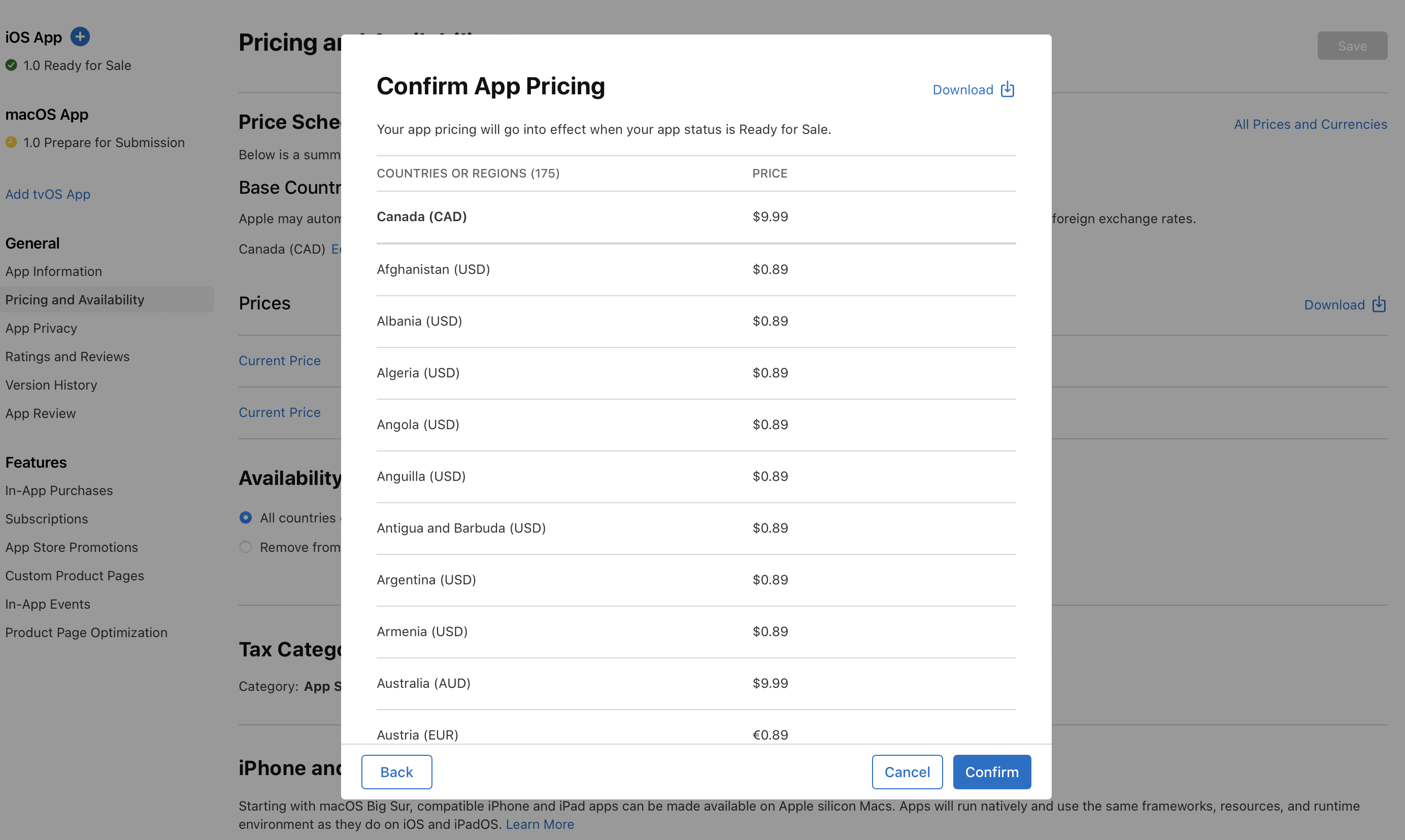 App Store开发者后台定价设置界面