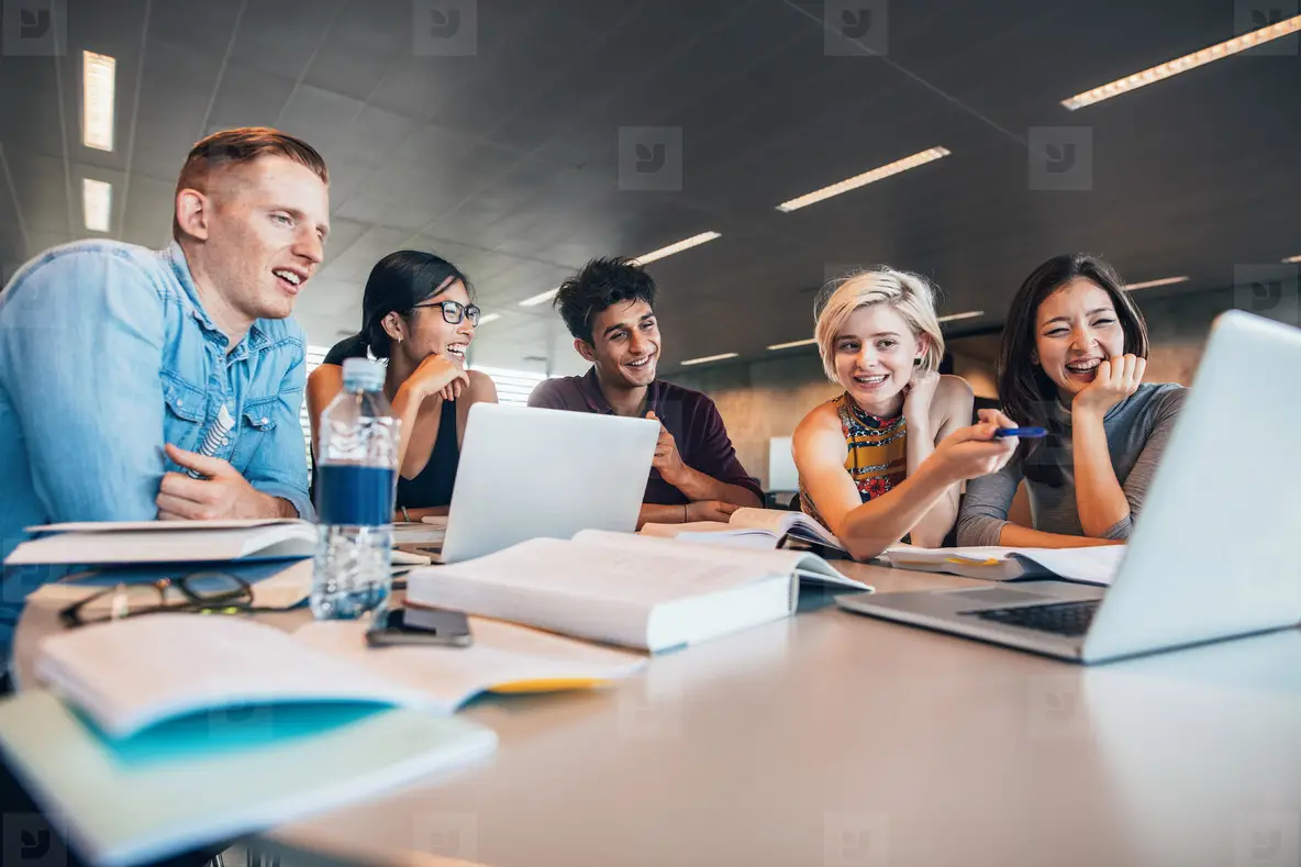 Diverse students group study happy