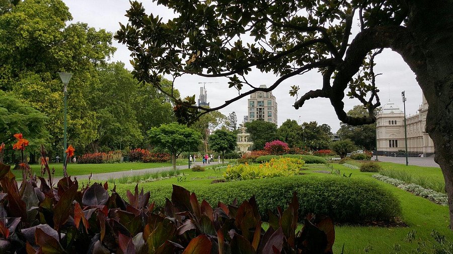 Lush green lawns and flower beds at Royal Botanic Gardens Melbourne