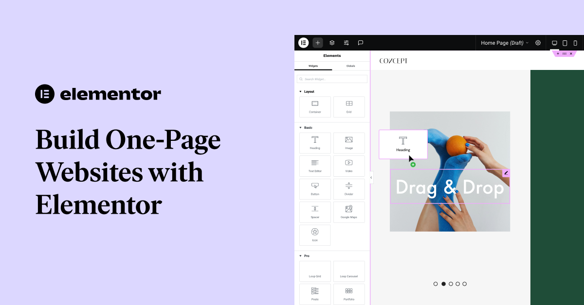 Elementor one-page website builder interface demonstrating the widget panel and canvas layout