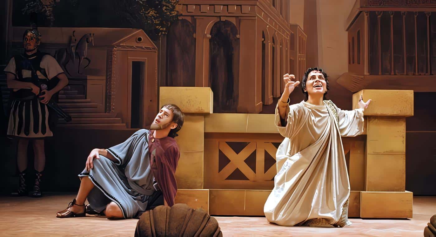 Escena de teatro satírico sobre relación humano-naturaleza