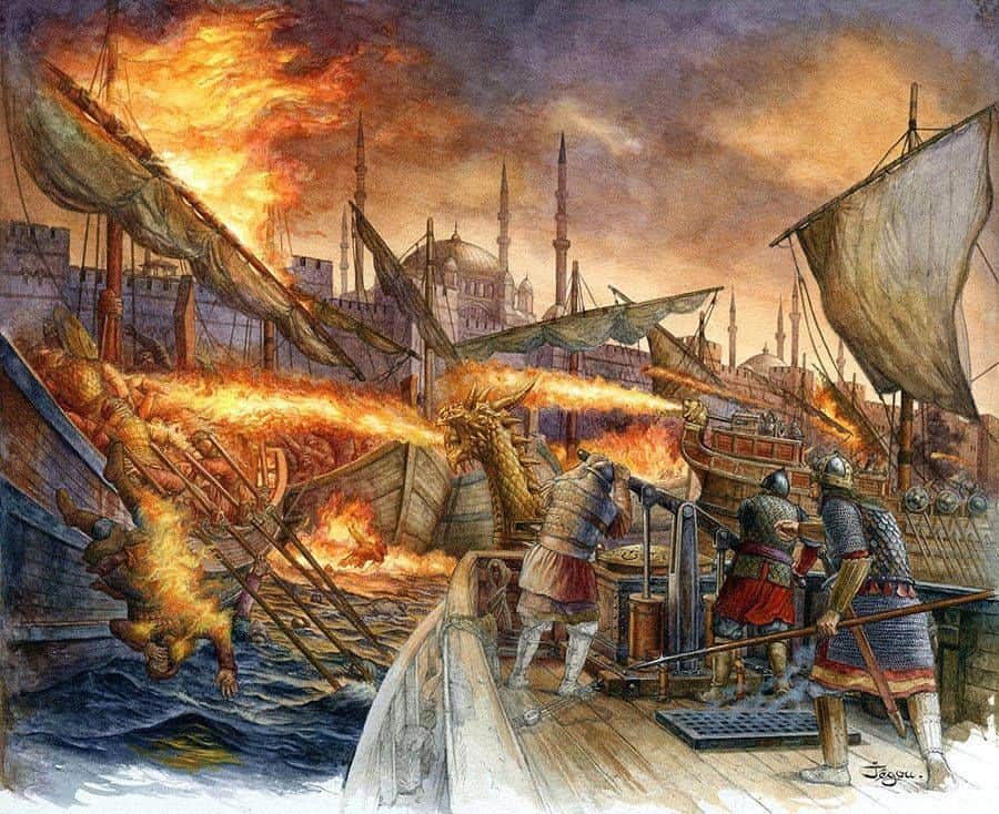 Ilustração histórica de soldados bizantinos utilizando o Fogo Grego em batalha naval próximo às muralhas de Constantinopla