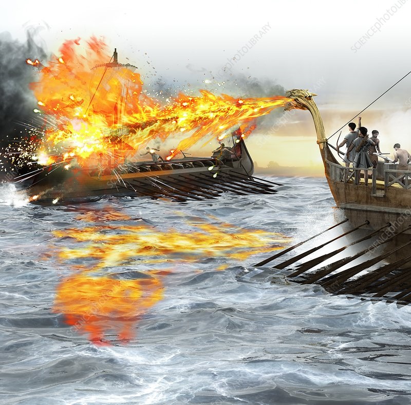 Ilustração artística do Fogo Grego sendo disparado de um navio bizantino contra embarcações inimigas no mar