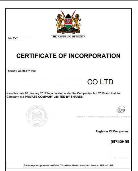 Kenya Certificate of Incorporation example