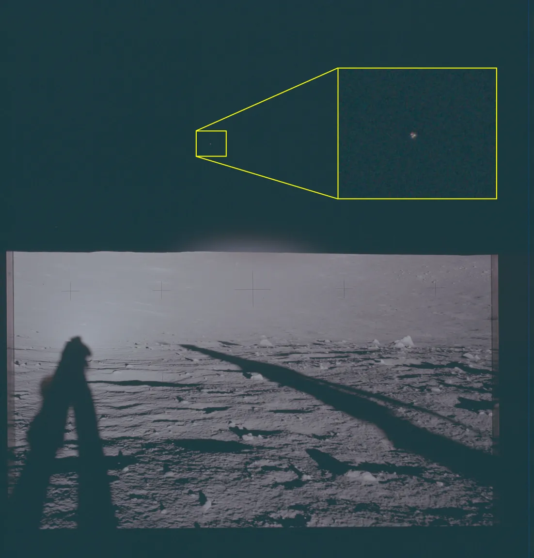 Foto da missão Apollo 12 com cinco áreas destacadas acima do horizonte lunar como possíveis fenômenos não identificados