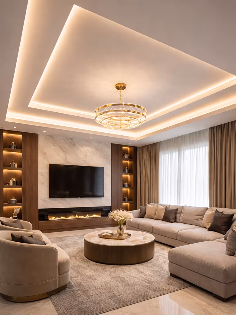 Beautiful false ceiling with cove lighting in living room