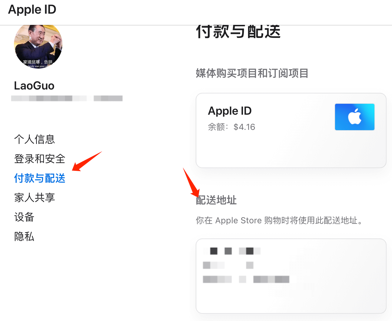 Apple ID网页端付款与配送中文设置界面截图
