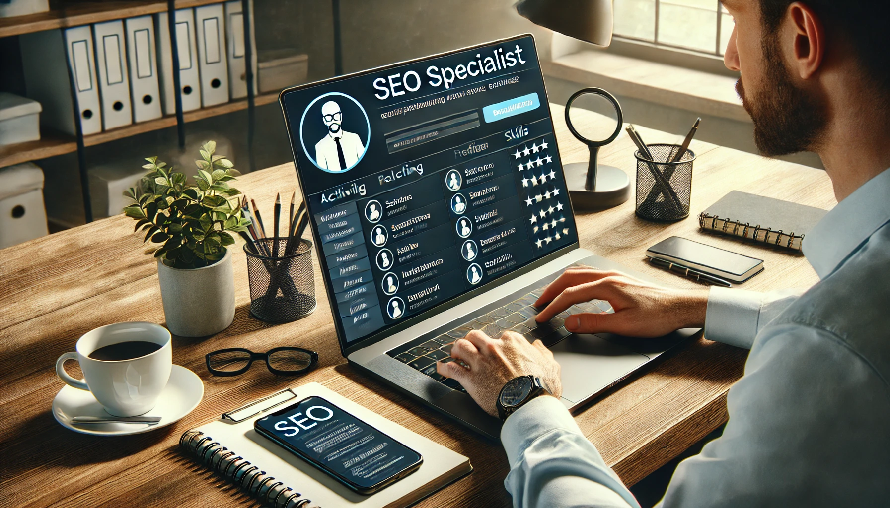 SEO эксперт работает за компьютером