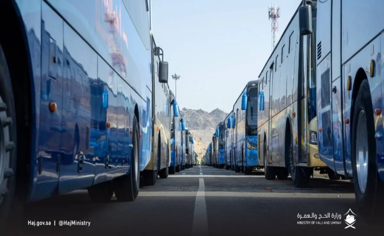Umrah pilgrims bus transport fleet at Jeddah airport for Makkah and Madinah transfers