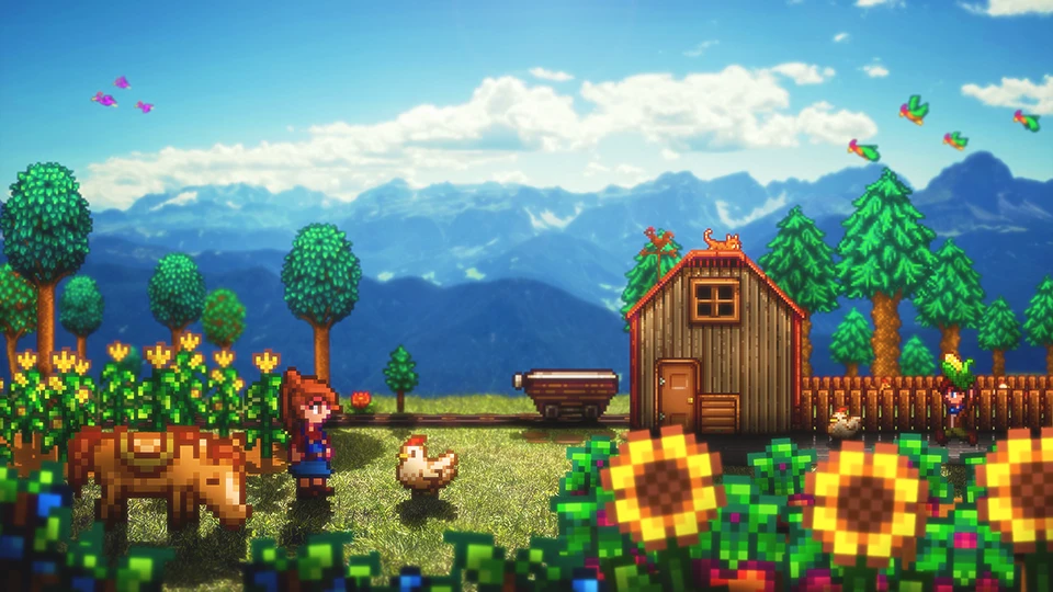 Stardew Valley village landscape with farms and mountains