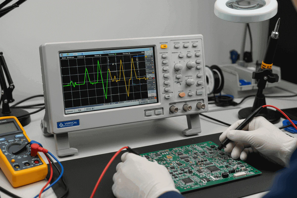Oscilloscope probing a PCB on a lab bench during bring-up testing