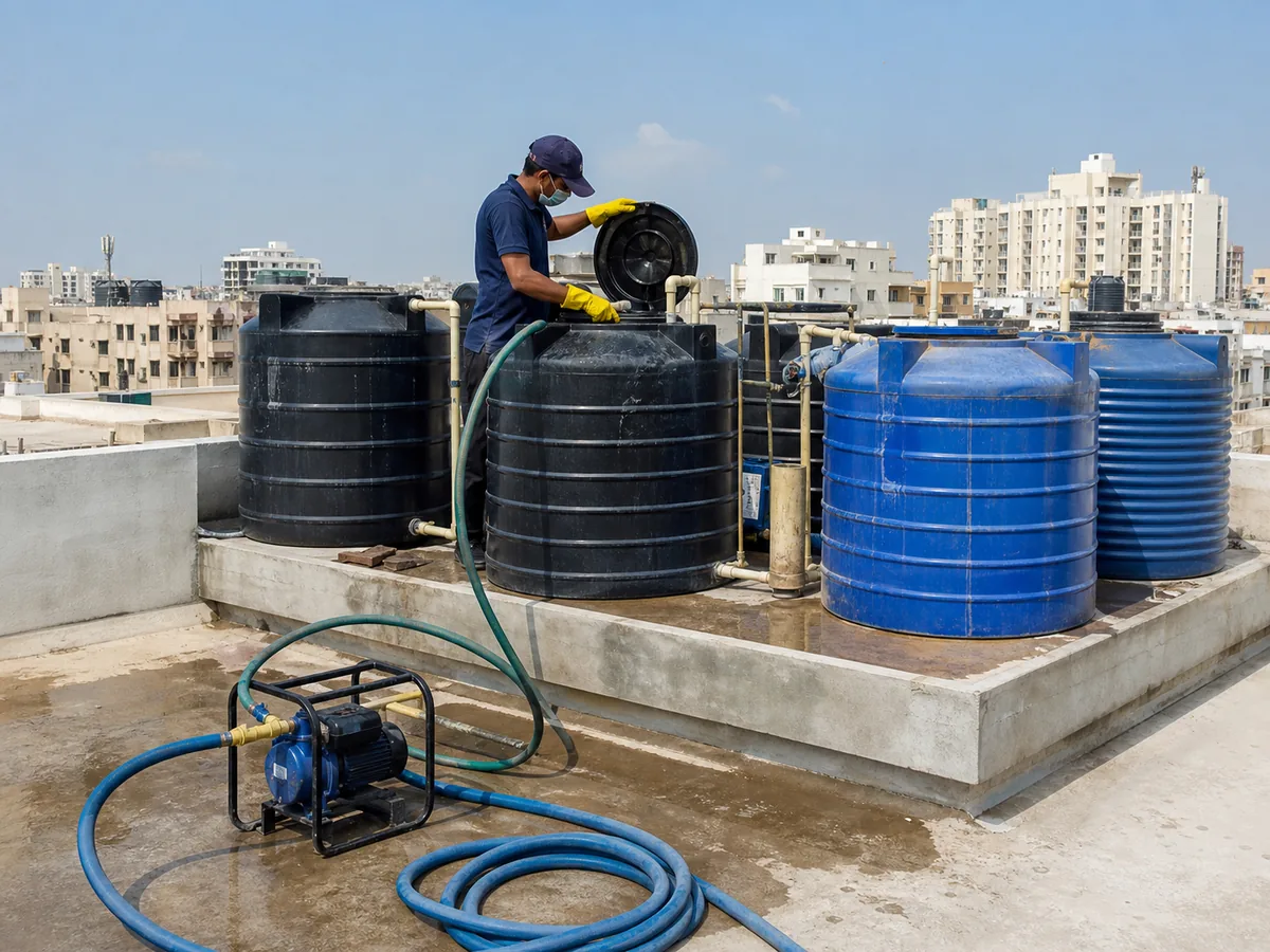 Technician cleaning rooftop water tanks