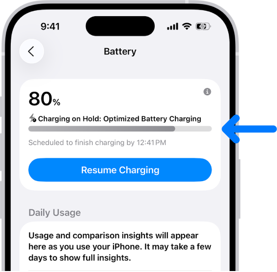 iPhone battery settings showing Optimized Battery Charging at 80 percent on hold