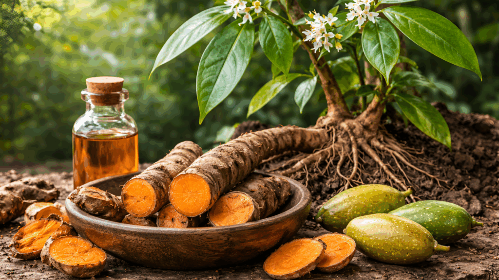 Tabernanthe iboga plant with root bark and leaves used for ibogaine extraction