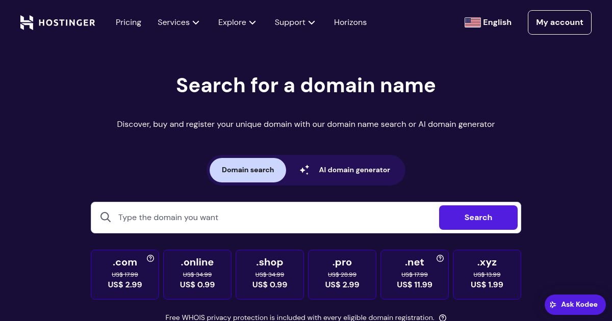Hostinger Domain Registration Page