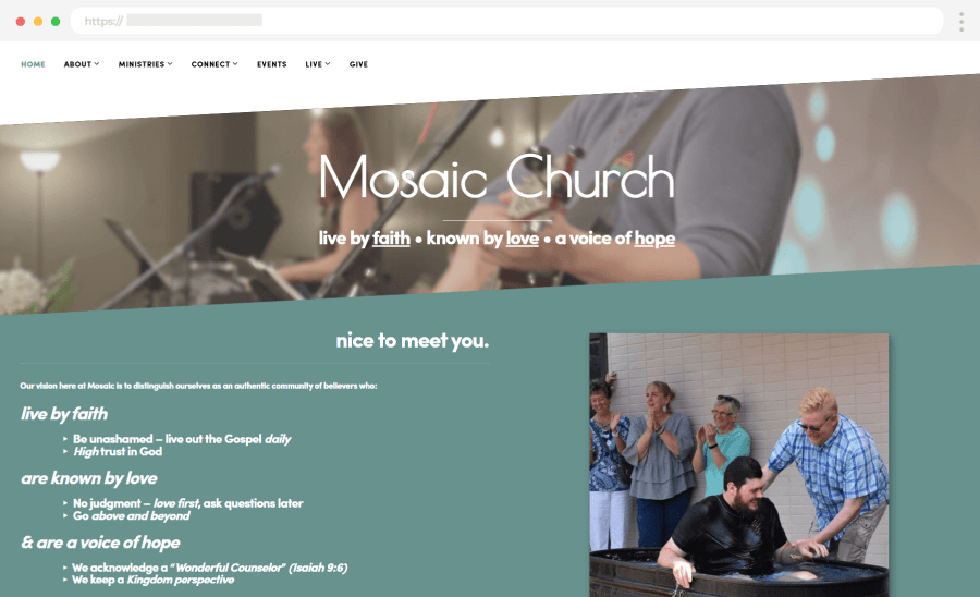Church website interface showing service times